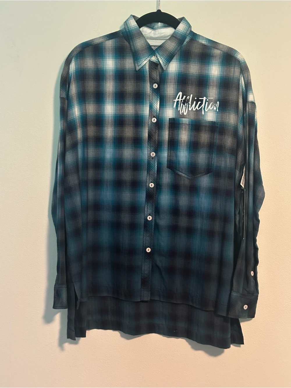 Affliction Black Premium Live Fast Teal Plaid Button Up Shirt NWT Womens S